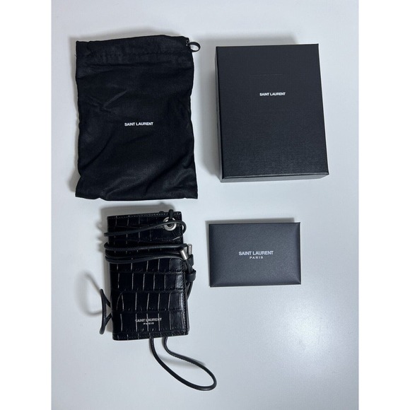 Saint Laurent Croc Embossed Black Lanyard Card Case Wallet - Picture 1 of 8